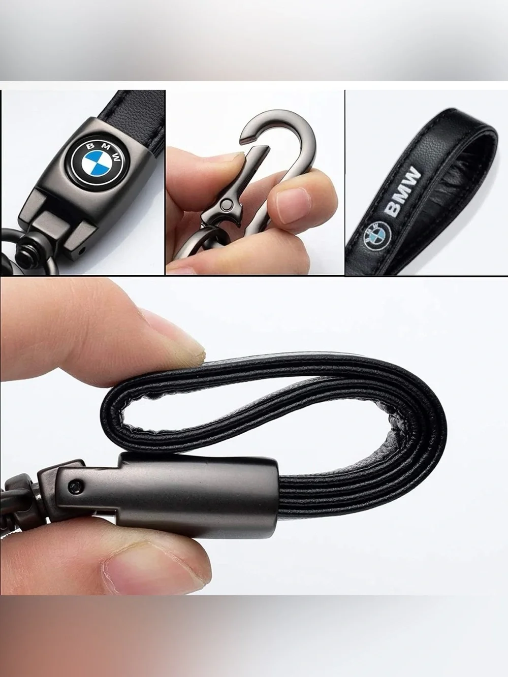 BMW Black Leather Keychain with Gunmetal Clip and Emblem
